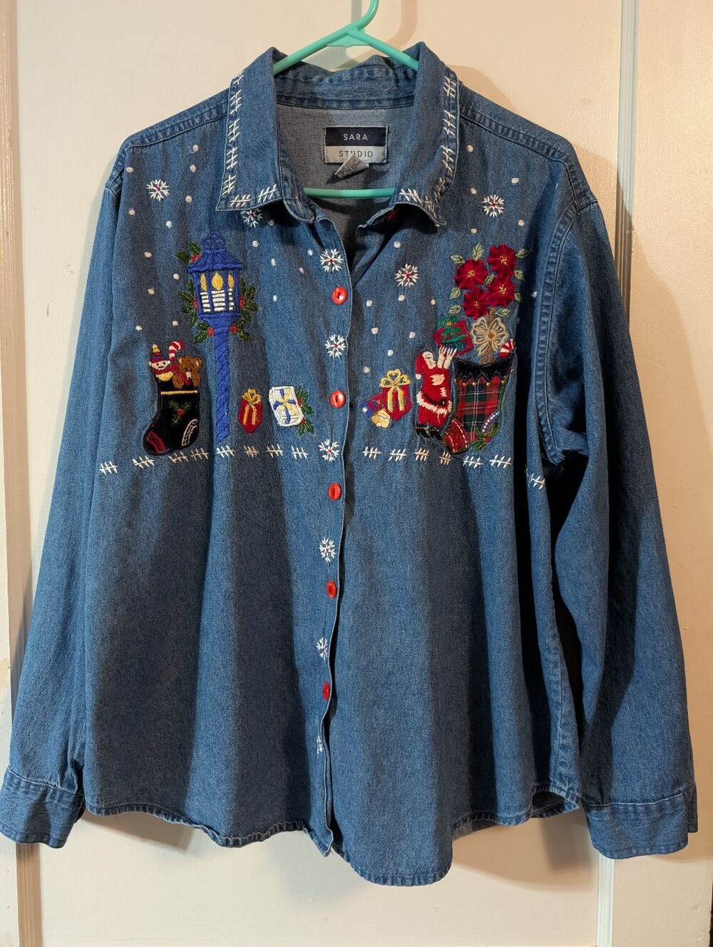 Sara Studio Light Blue Denim Shirt with Mint Hanger Accent